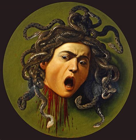 The Medusa is painted on canvas applied to a wooden shield. The subject is mythological referring to the shield from Athena which was cunningly used to exploit the the Medusa's power to petrify people. This iconography was often used by the Medici to represent their military power. Rather than use ancient sculpture for inspiration, the painter ... 